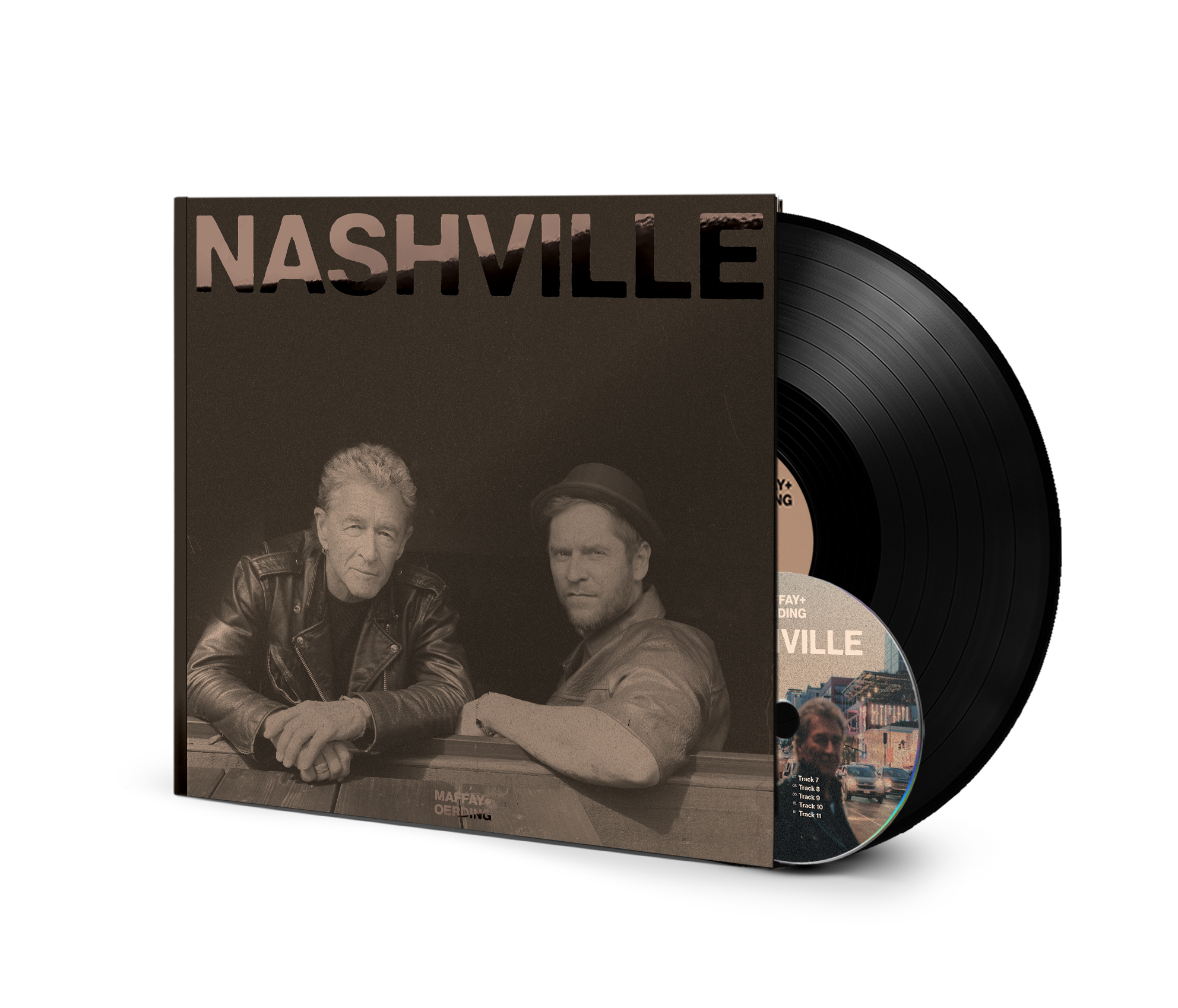 Nashville hardcover music book with CD and vinyl record, dark cover with two men